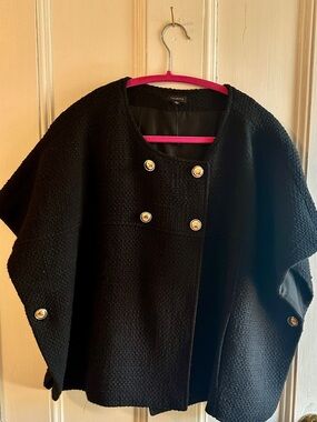 Talbots Black Short-Sleeve Textured Poncho with Gold Buttons